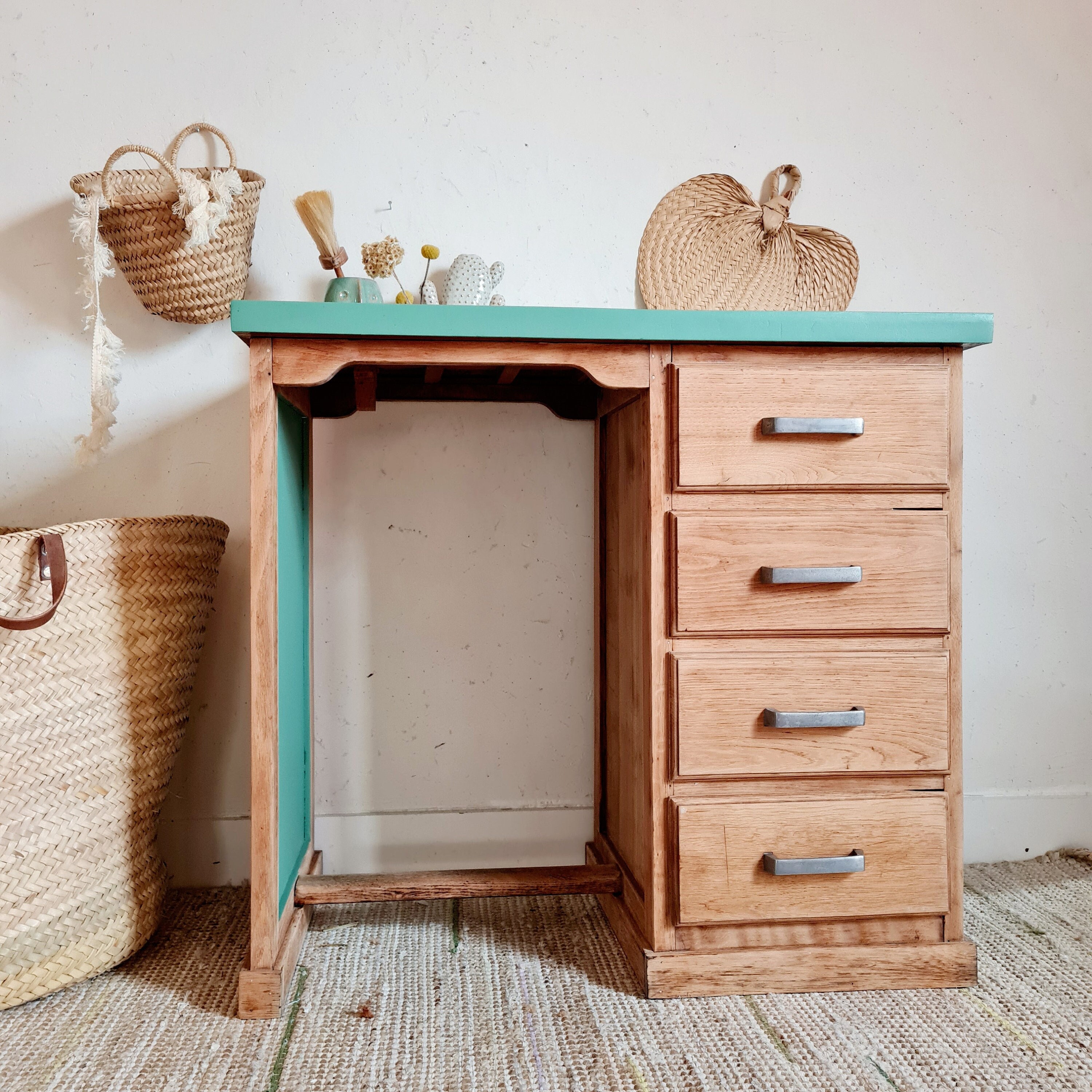 Bureau Américain Rénové - Bureau en Bois Rétro Rénovation Tissu Tropical Jungle Vert