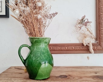 Pichet ancien vert en terre cuite peinte - french antique jug- stoneware jug - Factory Vintage