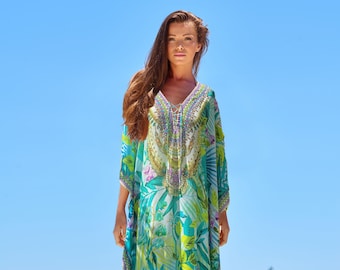 Paradise Palm Kaftan: Bohemian Green Maxi Dress Cover-Up