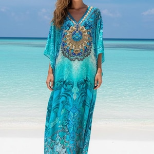 Palm Beach Maxi Kaftan, Crystal Embellished Long Beach Dress, Glamorous Resort Wear, Cruise Cover-Up