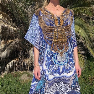 Tangiers Tile Print Kaftan, Glamorous Kaftan Dress, Cruise Kaftan, One Size Kaftan Dress, Embellished Kaftan, Long Elegant Kaftan.