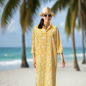 Yellow Floral Print Dress, Indian Handmade Shirtdress, Organic Cotton Women&#39;s Dress, Lightweight Comfortable Loungewear, Long Cotton Dress