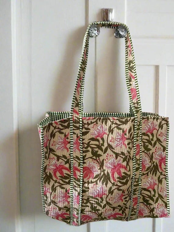 Sac à Main Femme Tote En Coton Floral Indien – Modèle Pêche – Idéal Pour La Plage Et Le Quotidien