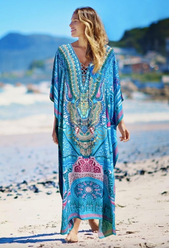 Aquamarine Maxi Kaftan Dress: Viscose Crepe Boho Beach Cover-up - Etsy Aquamarine Maxi Kaftan Dress: Viscose Crepe Boho Beach Cover-up - Etsy