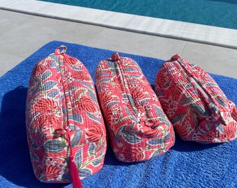 Coral Block Print Floral Wash Bags, Set of 3, Handmade Jaipur Cotton Toiletry Bags