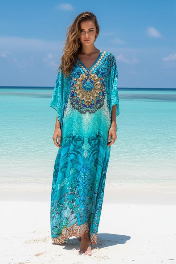 palm beach maxi dress Kaftan, Crystal Embellished Long Beach Dress, Glamorous Resort Wear, Cruise Cover-Up a ribbed texture for Style:U123ET1576 Jojo (Blue Dress) Half pcat-453