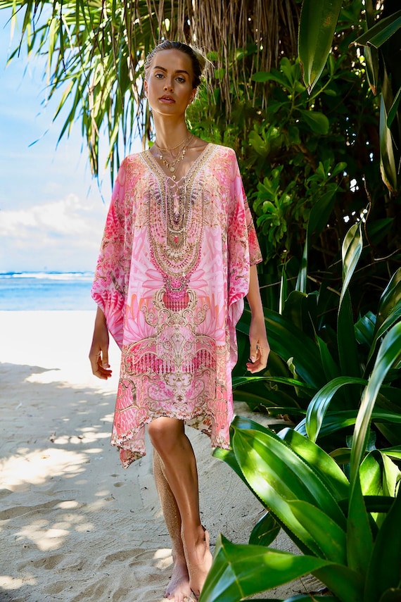 Montego Bay Kaftan Pink Animal Print Cover up Resort Wear for Vacation Crystal Embellished Glamorous Kaftans One Size Cruise Caftan Etsy Canada