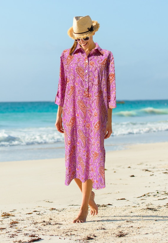 pink paisley shirt dress Pink Paisley Cotton Shirtdress: Block Printed Midi Boho Dress