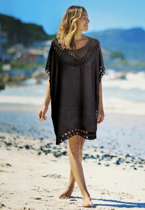 Black Crochet Cover up One Size Black Kaftan Crochet Trim Kaftan Dress Handmade Crochet Beach Dress Black Swim Cover up Boho Kaftan Etsy