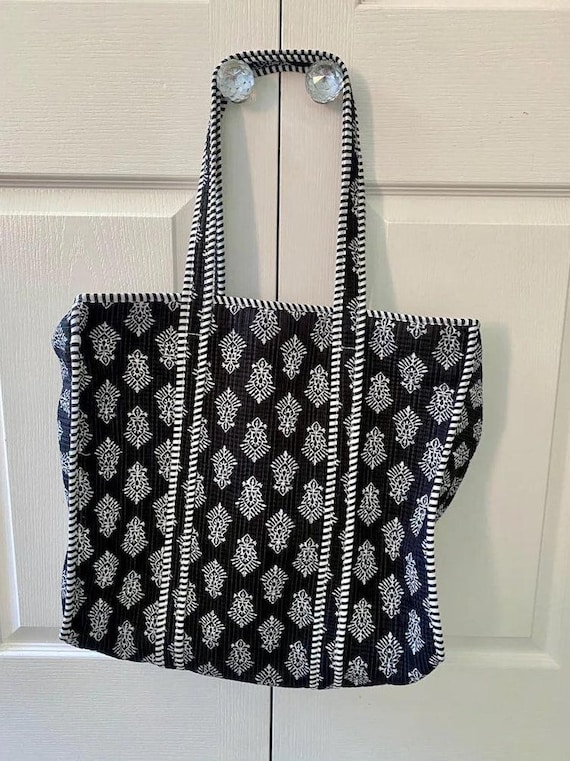 Beach Tote: Quilted Cotton Bag, Handmade in Jaipur, Black Travel Bag, Eco Friendly