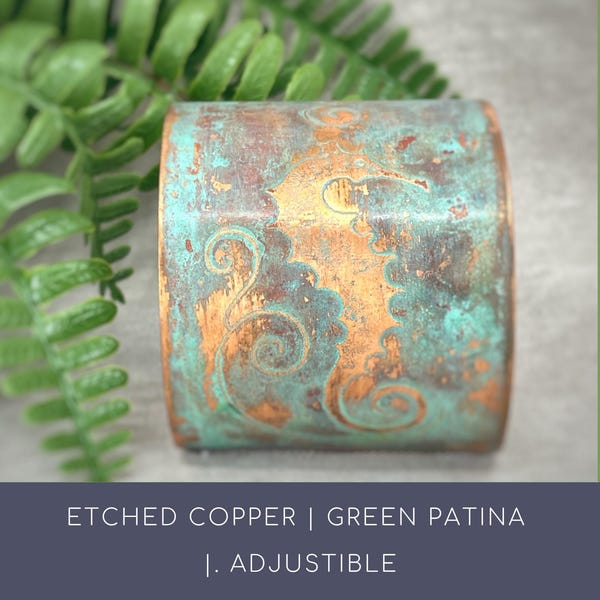 Copper Seahorse Cuff Bracelet: Wide Green Patina, Adjustable