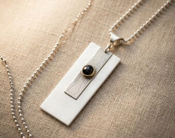 Black Onyx Pendant, Artisan Sterling Silver, Vertical Design