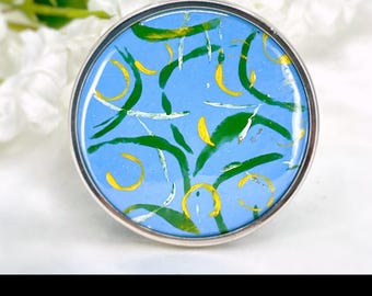 Enameled Brooch: Abstract Blue Art Pin (Hand Painted, 2 Inch)