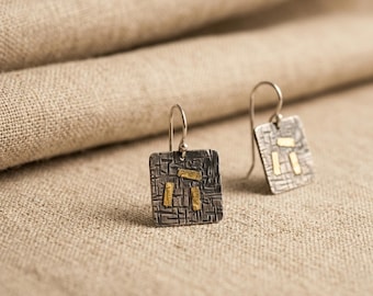 Silver Gold Drops, Textured Square Earrings with Keum Boo Finish