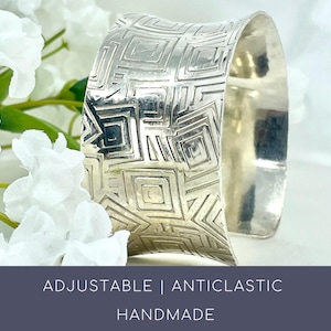 Sterling Silver Wide Cuff Bracelet, Geometric Design, 25th Anniversary Gift for Wife,  Anticlastic