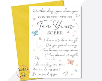 TEN years sobriety card, ten years sober, recovery card, soberversary, celebrate, support, ten years sober anniversary