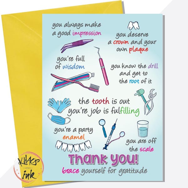 Dentist Thank you card, funny puns, brace yourself, wisdom, doctor, surgeon, student, assistant, dental nurse, hygienist, tooth dentures