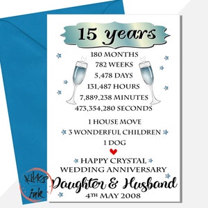 Biglietto di auguri personalizzato per il 15° anniversario di cristallo, biglietto di auguri per l'anniversario della figlia, figlio, a mio marito, a mia moglie, 180 mesi, 782 settimane, traguardo della vita