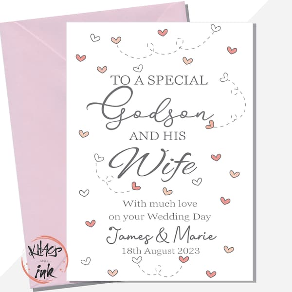 Wedding Day card Godson and Wife, Congratulations on your Wedding Day to a special Godson and Wife, Personalised Mr and Mrs with date