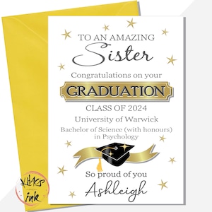 Carte de graduation personnalisée pour sœur. Félicitations soeur, belle-soeur, belle-soeur. Ajoutez l'université, le nom du diplôme, la promotion 2024 BSc BA