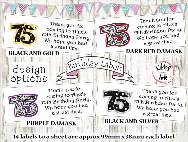 personalised party stickers black and gold seventy-fifth 75th Birthday labels pink blue silver red purple white any colour themecolour