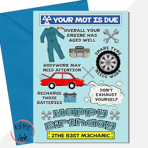 Monteur grappige verjaardagskaart handelaar, autogarage, reservewiel heeft werk nodig, verouderde motor, APK vanwege de beste monteur - voeg bericht toe
