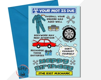Tarjeta de cumpleaños divertida para mecánicos: taller mecánico, rueda de repuesto que necesita reparación, motor viejo, ITV pendiente, para el mejor mecánico (añadir mensaje dentro).