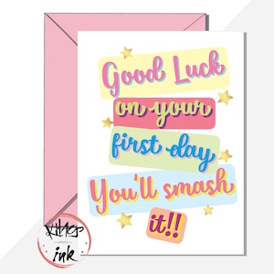 Veel succes met je eerstedagkaart. gefeliciteerd nieuwe baan, school, universiteit, kinderdagverblijf, kind, leraar, leertijd, universiteit - bericht toevoegen