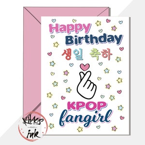 Grote A5 Kpop-verjaardagskaart 'Happy Birthday Kpop fangirl' Koreaanse pop fangirl, (bericht aan de binnenkant kan worden toegevoegd)