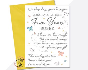 FIVE years sobriety card, five years sober, recovery card, soberversary, celebrate, support, five years sober anniversary