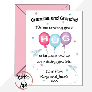 Personalisierte Hugs Karte, vermisse dich Oma Grandad Großeltern. Eine Umarmung durch Luftballons und Papierflieger versenden. vermisse dich lädt -füge Nachricht hinzu