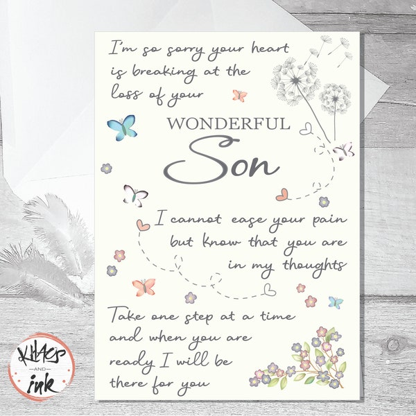 Sympathy card Son bereavement, thinking of you, condolences card, sorry for your loss of your Son, Stepson, Son-in-law, there are no words