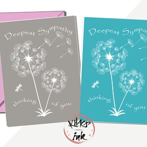Carte de nos plus sincères condoléances, une pensée pour vous, libellules, pissenlits, condoléances, désolé pour votre perte, deuil, choix de couleurs - ajoutez un message