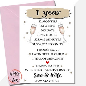 Tarjeta de aniversario personalizada en papel para el primer aniversario, para hija, hijo, para mi esposo, para mi esposa, 12 meses, 52 semanas, hitos de la vida