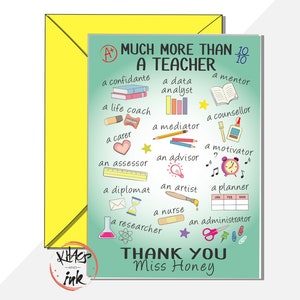 Tarjeta de agradecimiento personalizada 'Mucho más que un maestro' muchos roles- reconocimiento escuela mentor asesor administrador planificador primaria asistente superior