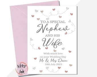 Wedding Day card Nephew and Wife, Congratulations on your Wedding Day Nephew and Wife, Personalised Mr and Mrs with date