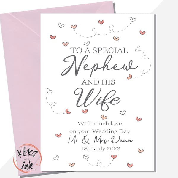 Wedding Day card Nephew and Wife, Congratulations on your Wedding Day Nephew and Wife, Personalised Mr and Mrs with date