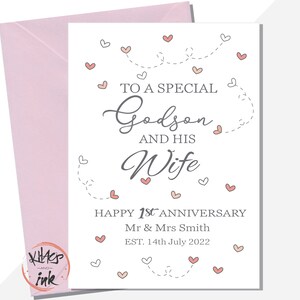 Tarjeta de aniversario para ahijado y esposa, feliz aniversario para ahijado y su esposa, cualquier año: 1.º, 2.º, 3.º, 4.º, 5.º, 10.º, 15.º, 20.º, 25.º