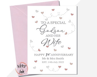 Godson and Wife Anniversary card, Happy Anniversary Godson and his wife, any year - 1st, 2nd, 3rd, 4th. 5th, 10th, 15th. 20th, 25th