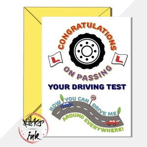 Carte d'examen de conduite amusante « Félicitations, vous avez réussi votre examen de conduite, maintenant vous pouvez me conduire en voiture » que vous avez réussi ! -peut ajouter un message