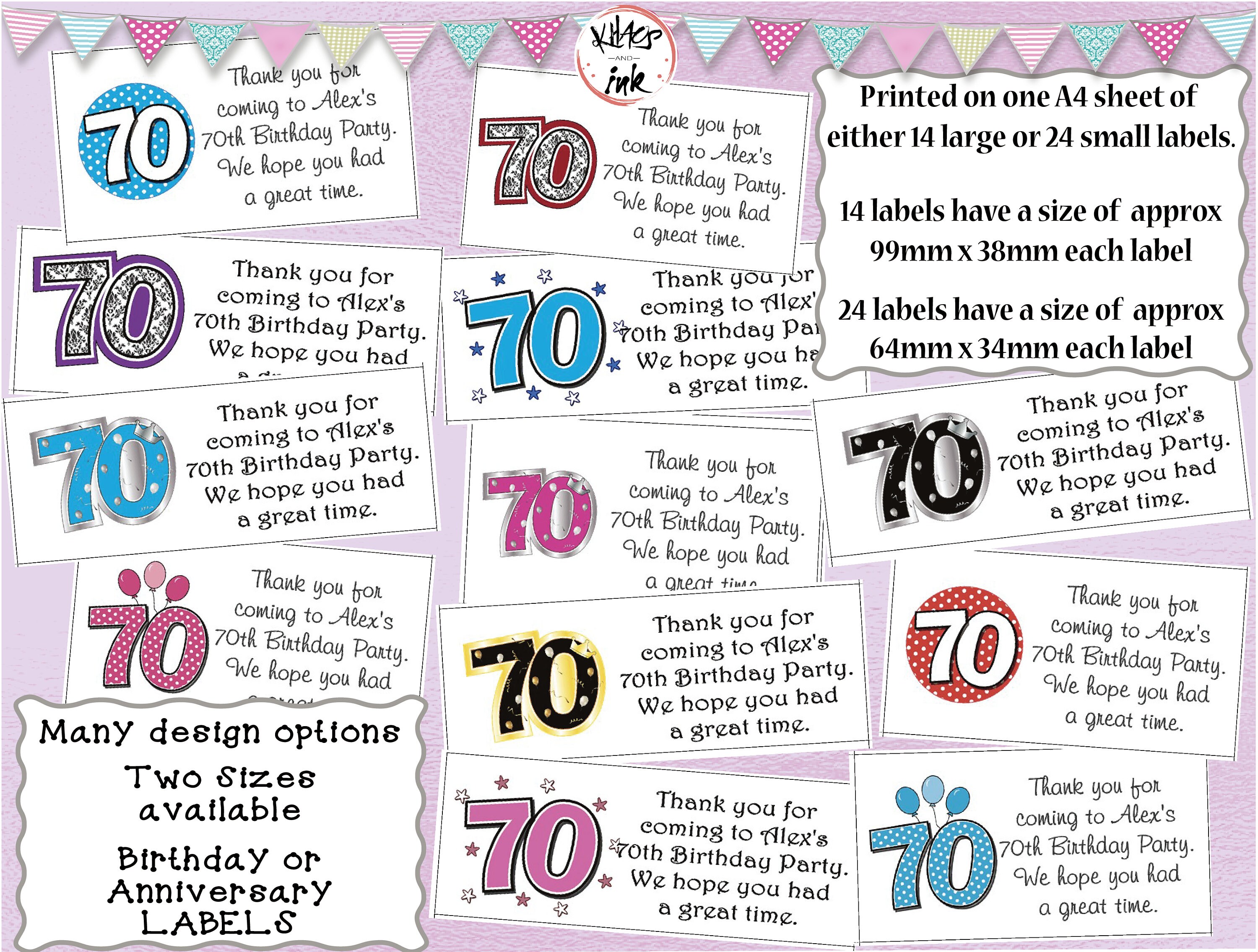 24  PERSONALISED GLOSSY LADIES 70TH BIRTHDAY STICKERS/ LABELS ANY AGE AVAILABLE 