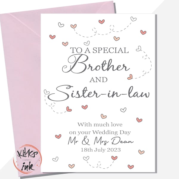 Wedding Day card Brother and Sister in law, Congratulations on your Wedding Day Brother and Sister in law, Personalised Mr and Mrs with date