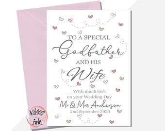 Wedding Day card Godfather and Wife, Congratulations on your Wedding Day to a special Godfather and Wife, Personalised Mr and Mrs with date