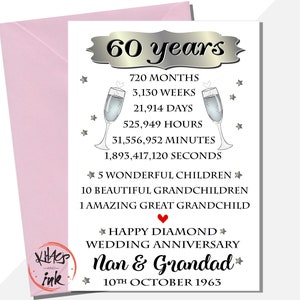 Tarjeta personalizada del 60.° aniversario de diamante, tarjeta de aniversario de mamá y papá, para mi esposo, para mi esposa, 720 meses, 3130 semanas, hito de la vida
