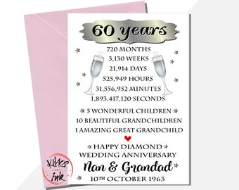 Personalised 60th diamond anniversary card, Mum and Dad Anniversary card, To my Husband, To my wife, 720 months, 3130 weeks, life milestone