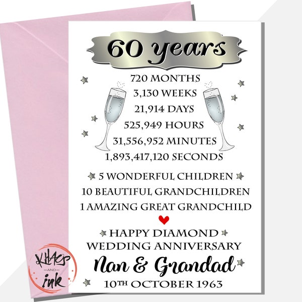 Personalised 60th diamond anniversary card, Mum and Dad Anniversary card, To my Husband, To my wife, 720 months, 3130 weeks, life milestone