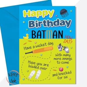 Grappige cricketverjaardagskaart, gelukkige verjaardag batman, heb een wicketverjaardags man, vriend, vrouw, vriendin geworpen, klopte voor zes