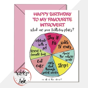Divertente biglietto di auguri di buon compleanno per introversi. I miei piani di compleanno preferiti per il migliore amico. Grafico a torta. Fidanzata moglie. Resta in pigiama - aggiungi un messaggio all'interno