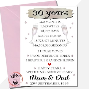Carte personnalisée du 30e anniversaire de la perle, carte d'anniversaire de maman et papa, à mon mari, à ma femme, 360 mois, 1565 semaines, étapes importantes de la vie