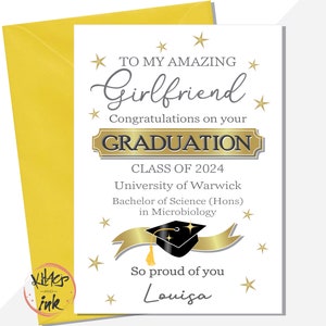 Carte de remise des diplômes personnalisée pour petite amie. Félicitations petite amie ou fiancée. ajoutez le nom du diplôme universitaire, promotion 2024 BSc BA spécialisé